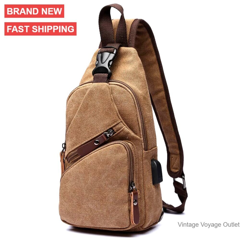 Canvas Sling Backpack Daypack with USB Port for Hiking Travel Unisex